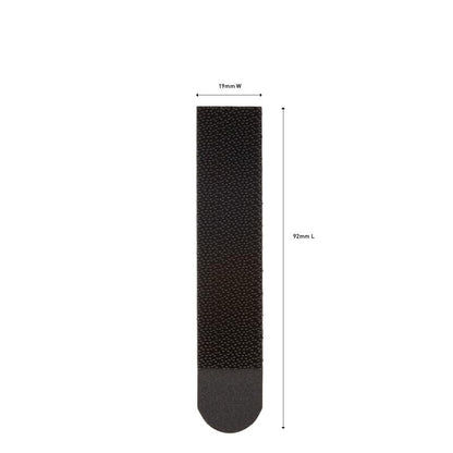 Een zwarte, rechthoekige 3M Deutschland GmbH Command™ Bevestigingsstrip 17206BLK (19mm x 92mm) wordt verticaal weergegeven met gemarkeerde afmetingen op een witte achtergrond - ideaal voor schadevrij ophangen.