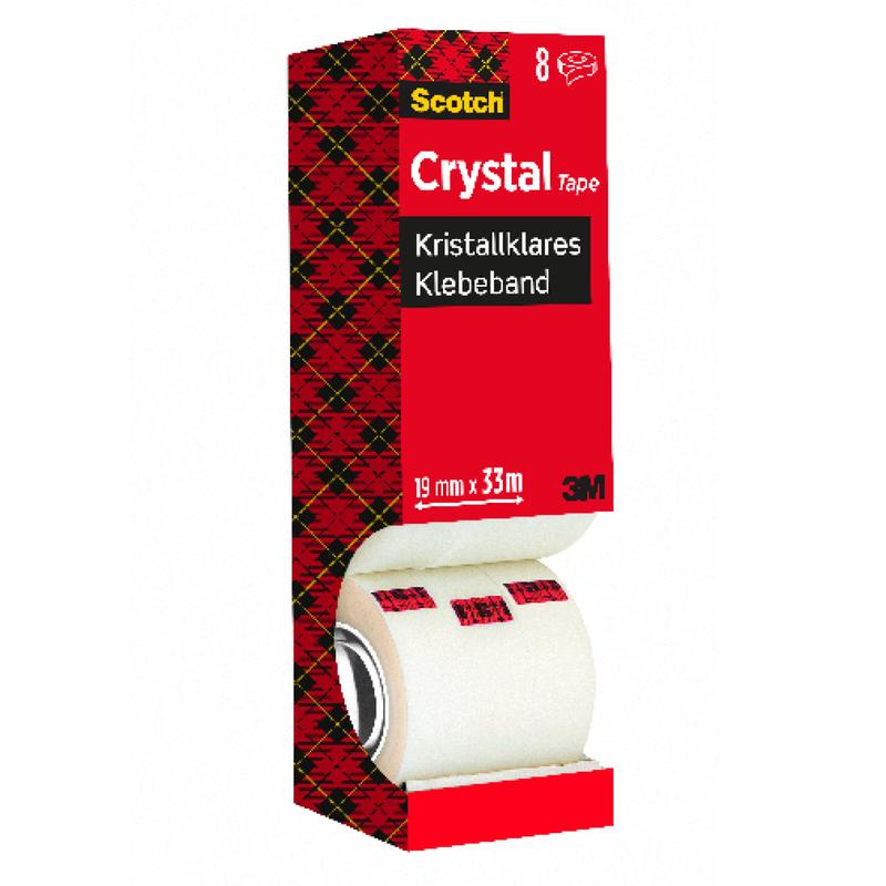 Een voordeelverpakking van de 3M Deutschland GmbH Scotch® Crystal plakband, transparant, bevat 8 rollen (19 mm x 33 m), met productinformatie in het Duits en Engels op een rood geruite verpakking. Een rol is in het onderste deel van de verpakking gedeeltelijk zichtbaar.