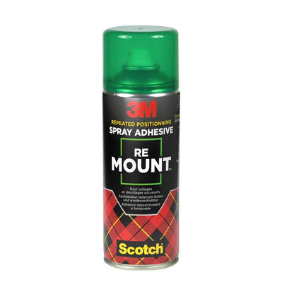 Een 400 ml bus 3M™ Scotch® ReMount™ lijmspray van 3M Deutschland GmbH, met groene dop en "Scotch" in gele letters. Het ontwerp bevat een rood/gele ruit aan de onderkant en is bedoeld voor tijdelijke bevestigingen.