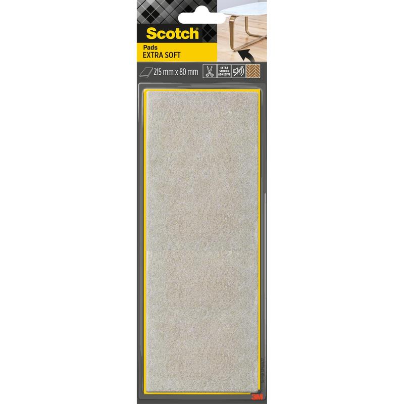 Afgebeeld is een verpakking Scotch® Extra zachte viltpads, zelfklevend, beige (215 mm x 80 mm) van 3M Deutschland GmbH in de zwart-gele originele verpakking met een tafelpoot, waarop rechtsboven een pad is afgebeeld.