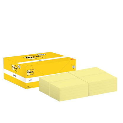 Een gele Post-it® Notes doos van 3M Deutschland GmbH met het opschrift "Post-it® Notes" toont bij geopend deksel zes stapels gele blaadjes (76 x 127 mm), die in twee rijen van drie naast de kantoorbenodigdheden doos zijn gerangschikt.