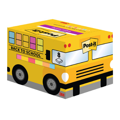 Een pak 3M Post-it® Super Sticky Notes in de vorm van een schoolbus (63,5 x 76 mm, 90 vel/blok, 8 blokken, PEFC-gecertificeerd) in verschillende kleuren, met de tekst "BACK TO SCHOOL" en een leuk ontwerp. Van 3M Deutschland GmbH.