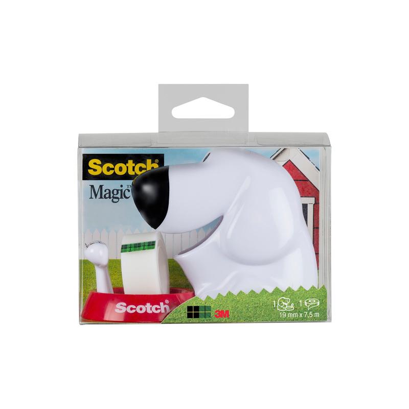 De Scotch™ tafelhouder in hondenontwerp C31 met Scotch® Magic™ plakband (19 mm x 8,89 m, 1 rol) van 3M Deutschland GmbH komt in een hondendispenser met een heldere verpakking en een stripverhaal hondenhok. Perfect voor kantoorbenodigdheden.