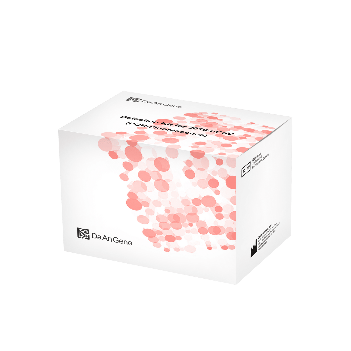 Op een groene achtergrond is een witte verpakkingsdoos voor de "Detectieset (PCR-Fluorescentie) DaAn Gen-Diagnostiek-Kit voor 2019-ncov" met 96 tests afgebeeld, versierd met het opschrift "Altruan".