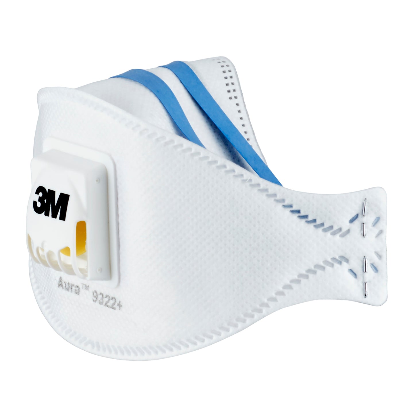 De 3M™ Aura™ Comfort Cool Flow™ Deeltjesmasker 9322+, FFP2, van 3M Deutschland GmbH is een wit wegwerpademhalingsmasker met blauwe band en een uitademventiel aan de voorkant, afgebeeld op een effen achtergrond.