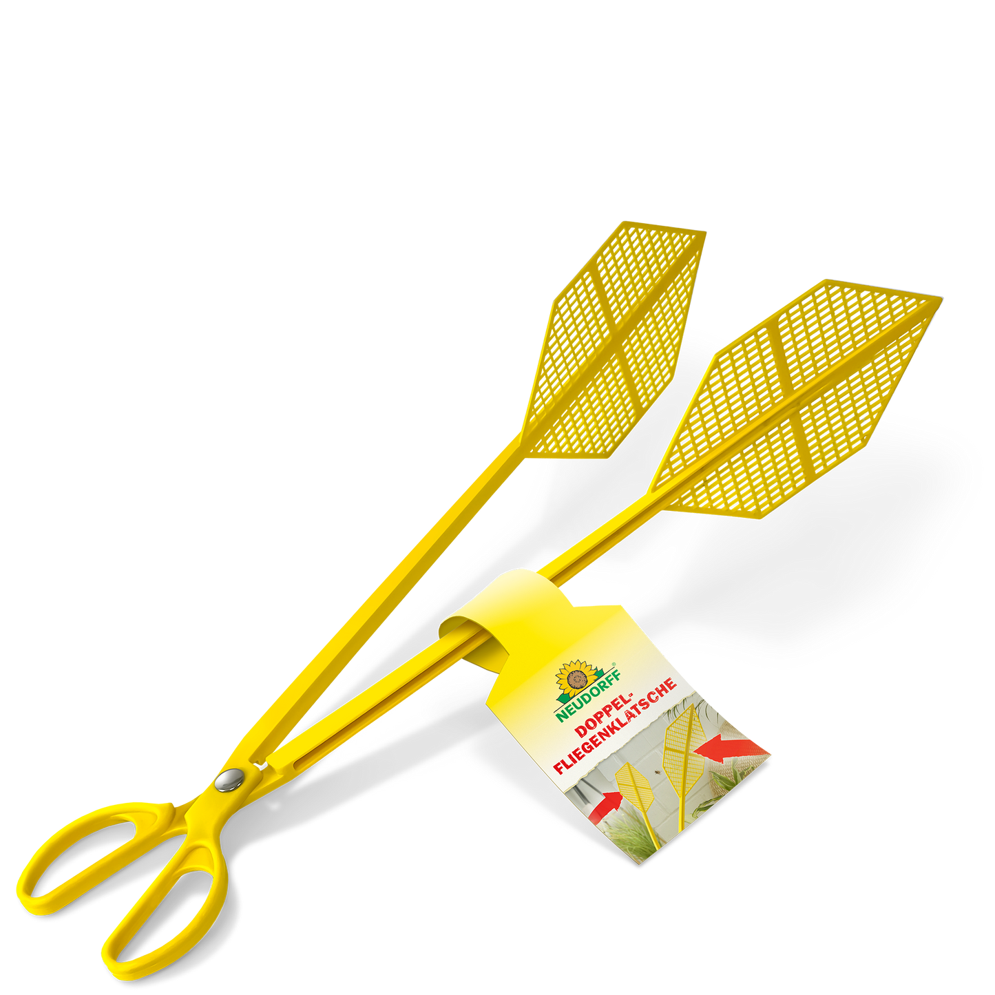 Die Neudorff Shop Doppelfliegenklatsche ist gelb mit einem Scherengriff und zwei blattförmigen Netzklatschen. Ideal zum Fangen von Fliegen ohne Flecken. Am Griff ist ein Etikett mit grünem und rotem Text angebracht.