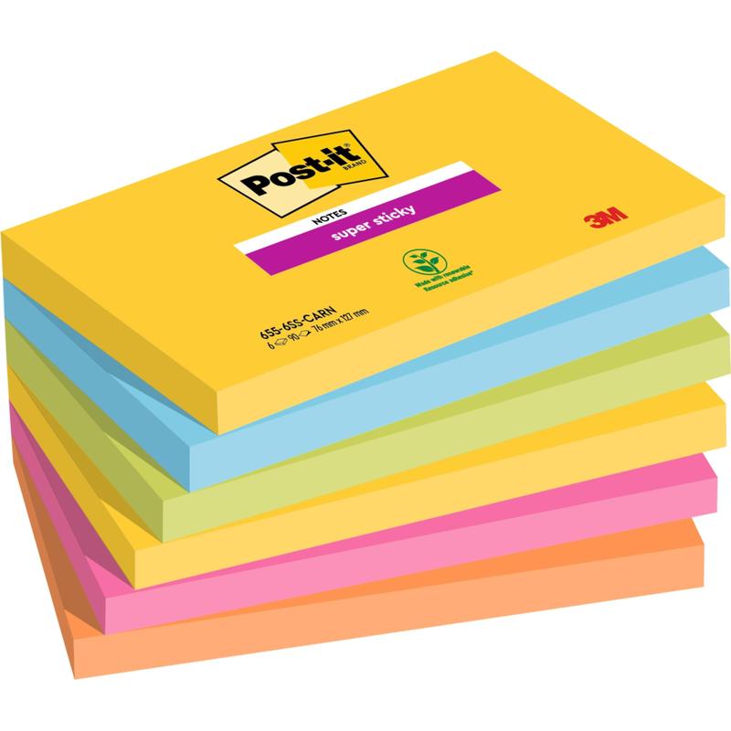 Een stapel van zes 3M Post-it® Super Sticky Notes (76 mm x 127 mm, 90 vel/blok, 100% PEFC) in de kleuren geel, groen, blauw, paars, roze en oranje; het gele voorblad toont het logo en productdetails.