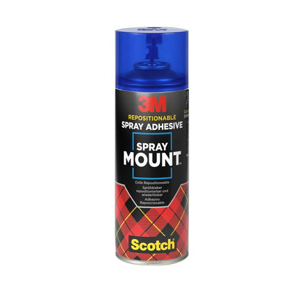 Een 400-ml-blik 3M™ Scotch® SprayMount™ lijmspray van 3M Deutschland GmbH - perfect voor knutselwerk - komt in een verpakking met blauwe dop, zwart etiket en het kenmerkende geruite ontwerp met het Scotch-merklogo.