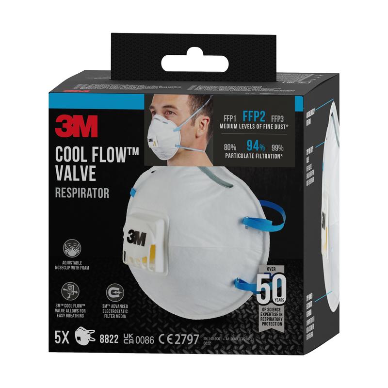 Een zwarte doos van het 3M™ Cool Flow™ deeltjesmasker 8822 van 3M Deutschland GmbH, FFP2 met ventiel, toont een persoon die het masker draagt en benadrukt kenmerken zoals 94% filtratie, verstelbare neusclip en vijf maskers.