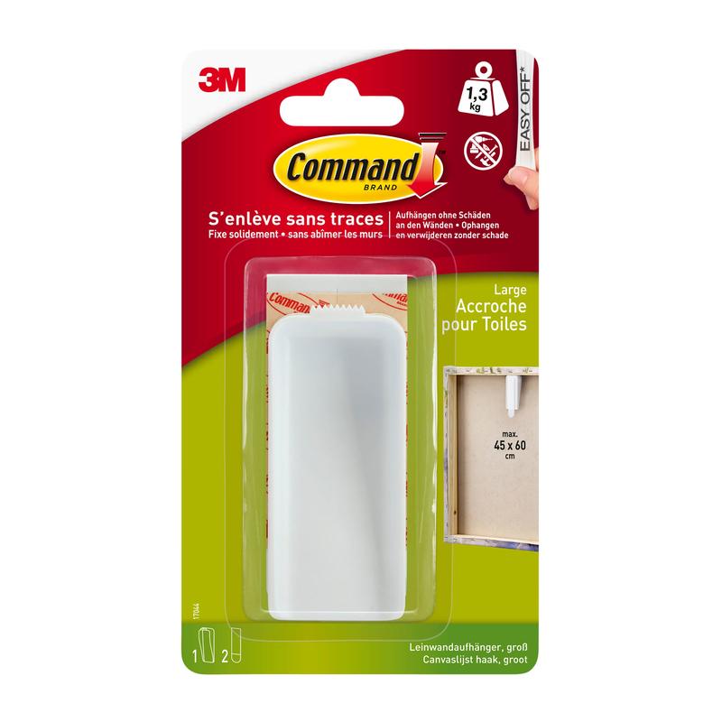 Een verpakking Command™ canvasophangers van 3M Deutschland GmbH, met een grote ophanger en kleefstrips van helder kunststof op een groene en rode achtergrond met instructies en informatie over de gewichtsbeperking.