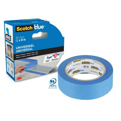 Een rol ScotchBlue™ schilderafplaktape "Multi-Surface" van 3M Deutschland GmbH is afgebeeld in een blauw-zwarte verpakking met het 3M-logo, een bandbreedte van 36 mm en de vermelding van geschiktheid voor meerdere oppervlakken.