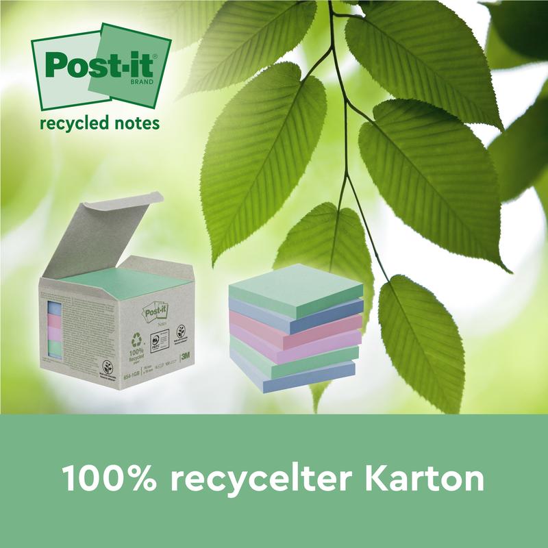 Afgebeeld is een verpakking Post-it® Super Sticky 100% Recycling Notes (76x76 mm, 70 vel/Blok, PEFC-gecertificeerd) van 3M Deutschland GmbH met pastelkleuren en groene bladeren. De tekst luidt "100% gerecycled karton" en "gerecyclede notities".