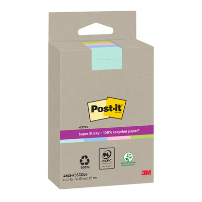 Eine Packung Post-it® Super Sticky 100% Recycling Notes, liniert und in verschiedenen Farben (102x152mm, 45 Blatt/Block, 4 Blöcke/Packung), hergestellt von 3M Deutschland GmbH aus PEFC-zertifiziertem Papier (SGSCH-PEFC-COC-110078).
