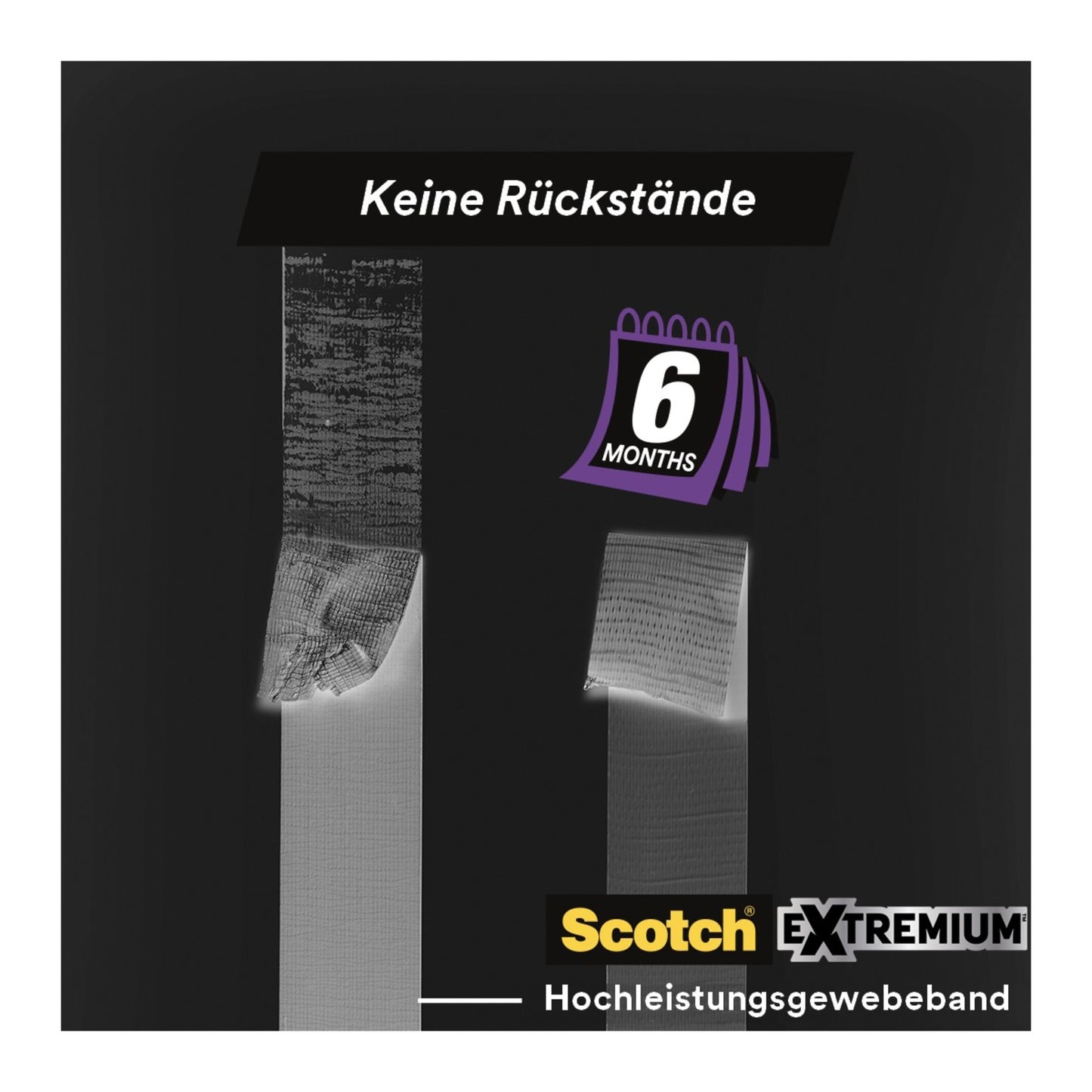 Zwei Streifen Scotch® Extremium™ No Residue Hochleistungs-Gewebeklebeband (18,2 m x 48 mm) zeigen auf dunklem Hintergrund, ob nach 6 Monaten noch Rückstände vorhanden sind oder nicht. Text: "Keine Rückstände". Unten: 3M-Logo und Produktname.