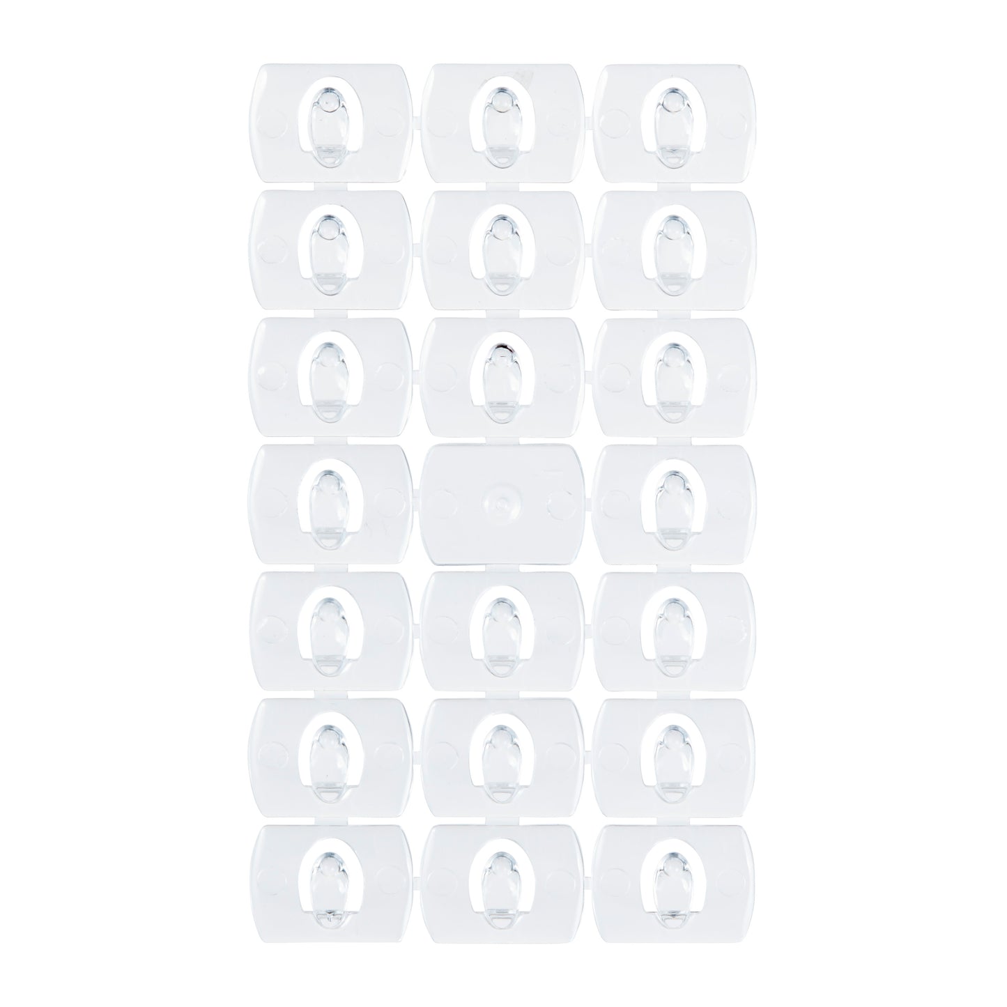 Een set van vierentwintig Command™ decoratieclips, transparant, van 3M Deutschland GmbH, elk met een rechthoekige heldere achterkant en transparante strips, gerangschikt in een 4x6 raster op witte achtergrond.