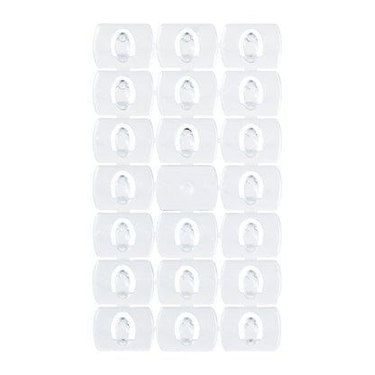 Een set van vierentwintig Command™ decoratieclips, transparant, van 3M Deutschland GmbH, elk met een rechthoekige heldere achterkant en transparante strips, gerangschikt in een 4x6 raster op witte achtergrond.