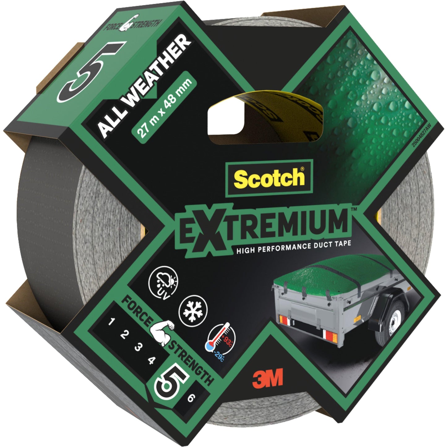 Eine Rolle 3M Scotch® Extremium™ All Weather Hochleistungs-Klebeband (27 m x 48 mm) in schwarz-grüner Verpackung mit "Force Strength 5" und wetterfesten Eigenschaften; sichtbares 3M Logo. Die Packung enthält 1 Rolle.