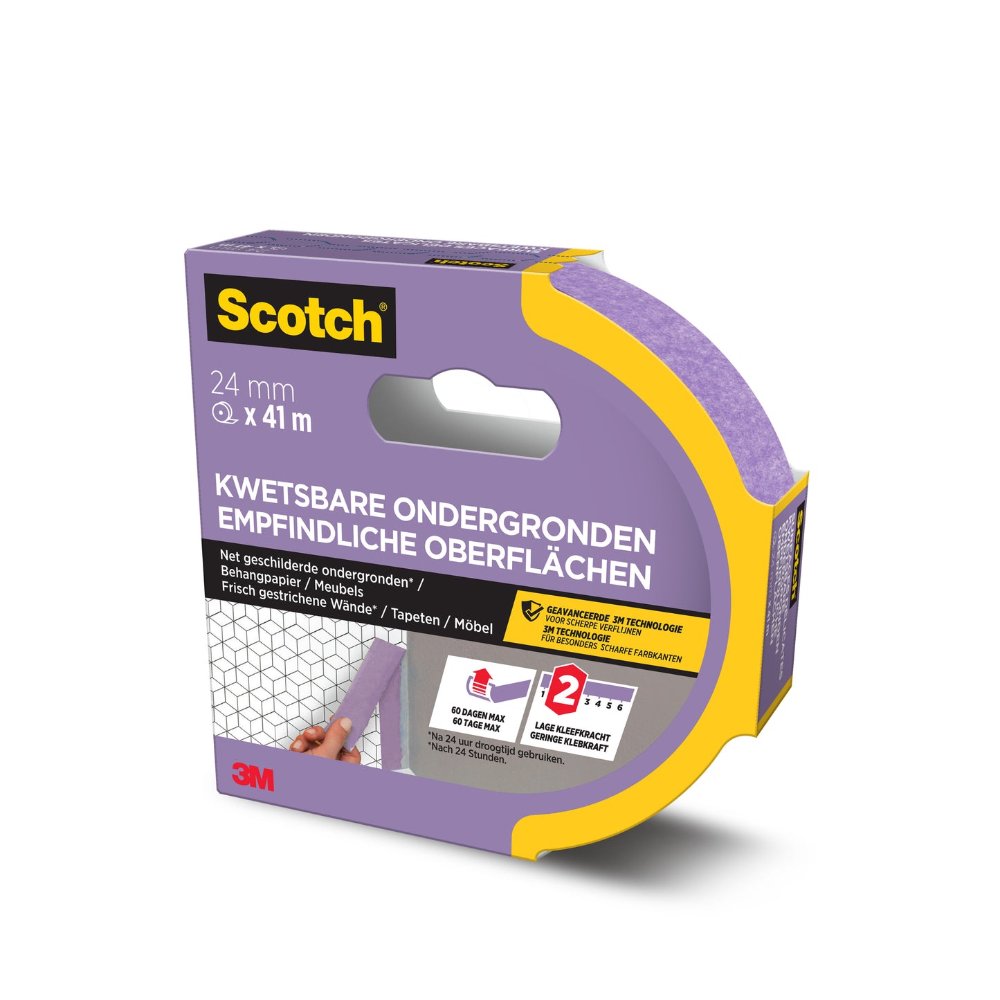 Een 24 mm x 41 m grote rol Scotch® afplaktape voor gevoelige oppervlakken (3M Deutschland GmbH), in paarse PEFC-gecertificeerde verpakking met Nederlandse, Duitse en Franse tekst, met zachte kleefkracht en het 3M-logo.