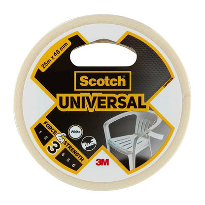 Een rol Scotch® Universal Tape 2904 (25 m x 48 mm) van 3M Deutschland GmbH met een overwegend wit-zwart etiket waarop een witte kunststofstoel is afgebeeld; de kracht bedraagt 3/6.