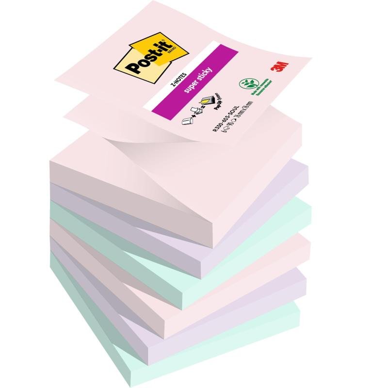 Een stapel pastelgekleurde Post-it® Super Sticky Z-Notes (Boost Collection, 76x76 mm, 90 vel, 100% PEFC) wordt uitgevouwen. Het bovenste blok toont het logo en de gegevens van 3M Deutschland GmbH.
