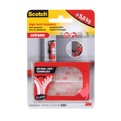 Die Scotch™ Extreme Verschlüsse von 3M Deutschland GmbH (2 Sets à 2 Streifen, transparent, 25 mm x 75 mm) bieten starke Befestigung bis zu 5 kg dank Dual Lock Technology - ideal für Gegenstände wie Feuerlöscher an Wänden.