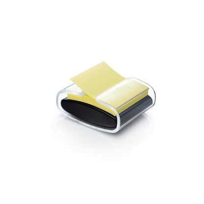 De 3M Post-it® Z-Notes Dispenser PRO in zwart bevat een stapel gele, superkleverige notities in het formaat 76 x 76 mm (90 vellen/blok) en geeft een notitie uit voor een witte achtergrond.