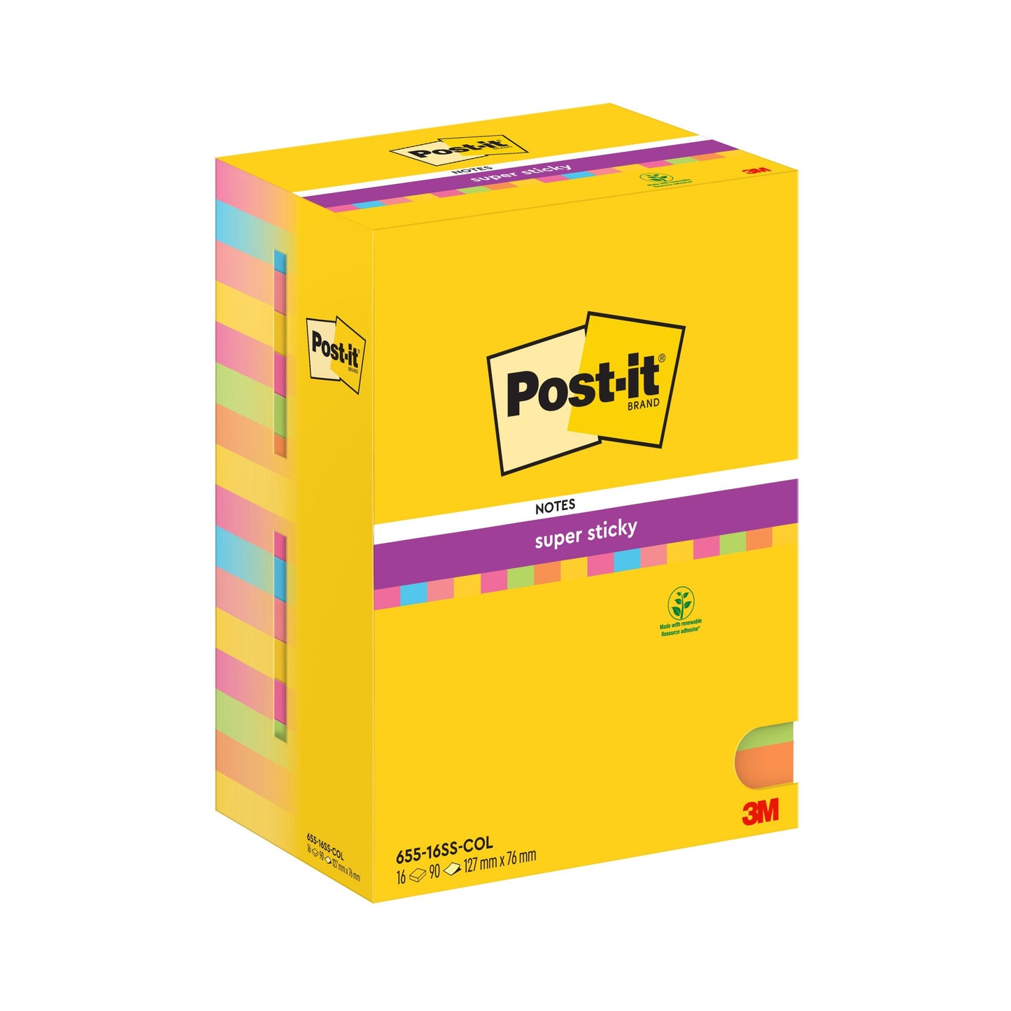 Een verpakking met 16 Post-it® Super Sticky Notes van 3M Deutschland GmbH, elk in verschillende kleuren, grootte 76 mm x 127 mm, met 90 vel per blok. Gemaakt van 100% PEFC-gecertificeerd papier (SGSCH-PEFC-COC-110078).