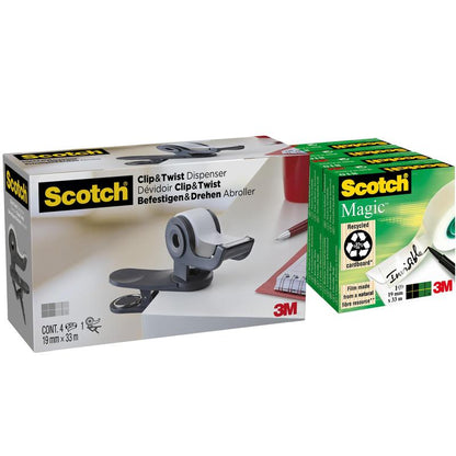 Aan de linkerkant: Scotch™ Clip & Twist plakbandhouder C19, grijs. Rechts: 4-pack Scotch® Magic™ Onzichtbaar Plakband, 19 mm × 33 m. Beide van 3M Deutschland GmbH.