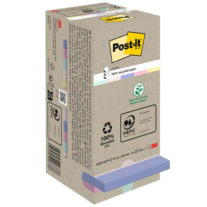 Een doos Post-it® Recycling Z-Notes (76 mm x 76 mm, 100% PEFC, 100 vel/Blok) van 3M Deutschland GmbH. De beige verpakking toont milieuvriendelijke symbolen en pastelkleurige plaknotities aan de onderkant met een zichtbaar 3M-logo.