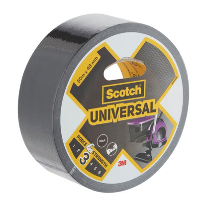 Een rol 3M Scotch® Universele Tape 2904, 50m x 48mm, met productinformatie op het etiket en een afbeelding van een stofzuiger.