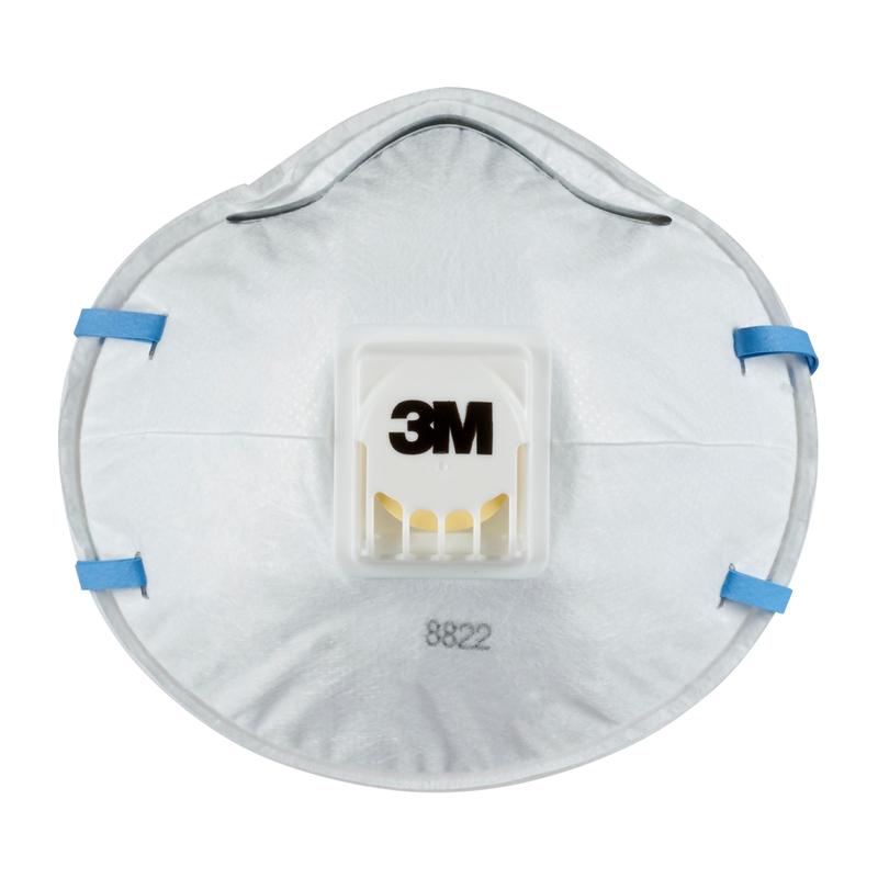 Het 3M™ Cool Flow™ deeltjesmasker 8822, FFP2, van 3M Deutschland GmbH is een wit stofmasker met centrale ventilatie, blauwe elastische banden en de opdruk "8822" onder het ventiel.