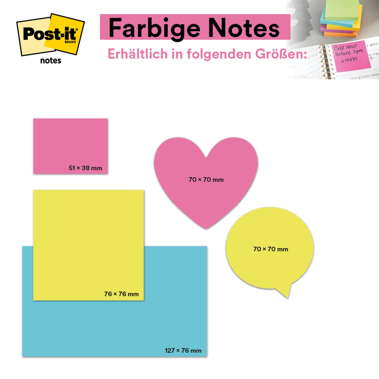 Eine Abbildung zeigt die Post-it® Notes, Poptimistic Collection der 3M Deutschland GmbH: bunte 38 x 51 mm Haftnotizen (100 Blatt/Block, 12 Blöcke/Packung, Kartonverpackung, 100% PEFC, SGSCH-PEFC-COC-110078) in verschiedenen Formen und Farben.