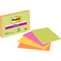 Een verpakking 3M Post-it® Super Sticky Meeting Notes, 4 blokken in verschillende neonkleuren (203 mm x 152 mm, elk 45 vel), wordt waaierachtig weergegeven. De verpakking toont het PEFC-label en -logo; Product: SGSCH-PEFC-COC-110078.