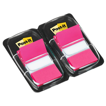 Twee zwarte dispensers van 3M Deutschland GmbH, gevuld met elk 50 roze Post-it® Index markeerstrips (25,4 x 43,2 mm) en voorzien van een geel Post-it® logo-etiket. De dispensers worden naast elkaar geplaatst.