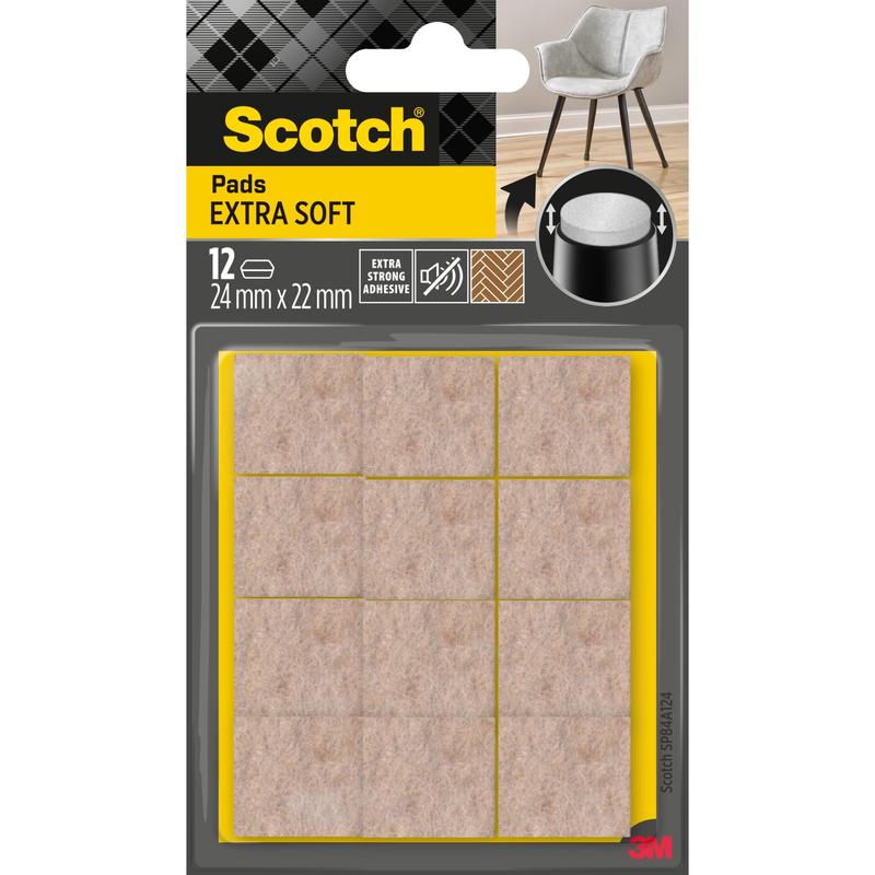 Een verpakking met 12 Scotch® Extra zachte viltpads SP84A24, zelfklevend, beige, 24 mm x 22 mm van 3M Deutschland GmbH. Levering op gele ondergrond; de verpakking toont een stoelbeen dat door de pad wordt beschermd.