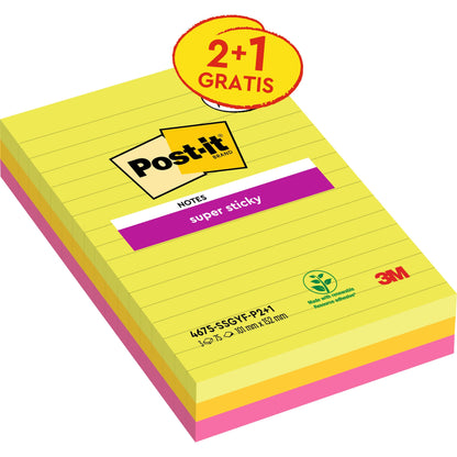 Een 3-pack Post-it® Super Sticky Notes in groot formaat, gelinieerd (101x152 mm), in verschillende kleuren van 3M Nederland B.V., met elk 75 vellen. Gemaakt van 100% PEFC-gecertificeerd papier (SGSCH-PEFC-COC-110078).