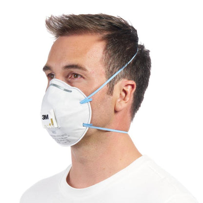 Een persoon in een eenvoudig wit overhemd draagt een 3M™ Cool Flow™ deeltjesmasker 8822 FFP2 met ventiel van 3M Deutschland GmbH, met blauwe elastische banden en naar links gericht.
