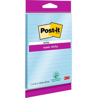 Een pak Post-it® Super Sticky Notes in groot formaat, gelinieerd (102 x 152 mm, 45 vel, 100% PEFC) van 3M Deutschland GmbH met extra sterke kleefkracht.
