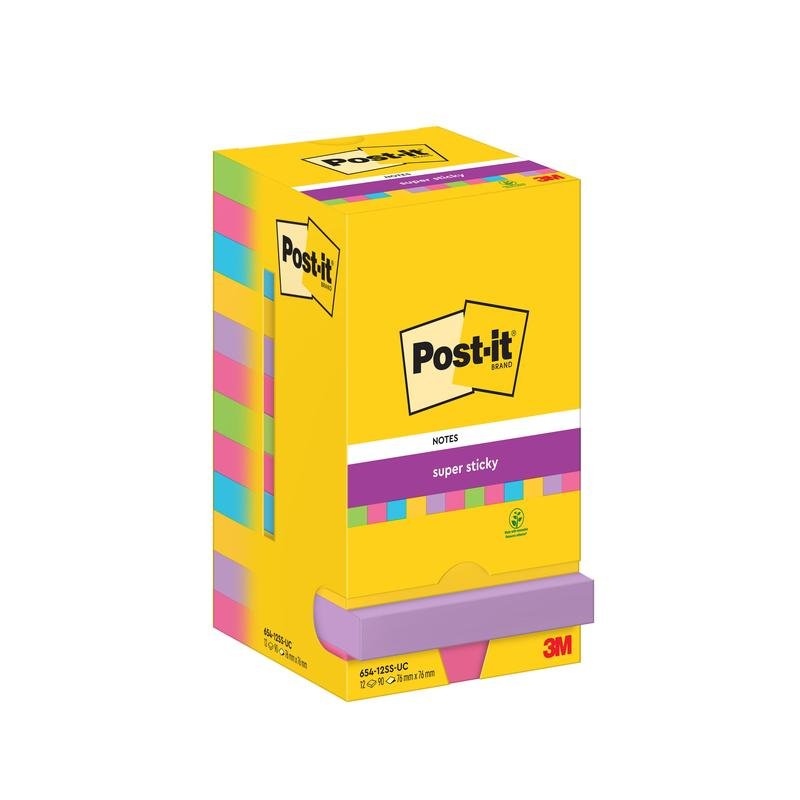 Een 5-pack Post-it® Super Sticky Notes van 3M Deutschland GmbH, elk 76 mm x 76 mm met 90 vel per blok, bevindt zich in een gele doos met het Post-it-logo en productinformatie aan de voor- en achterkant.