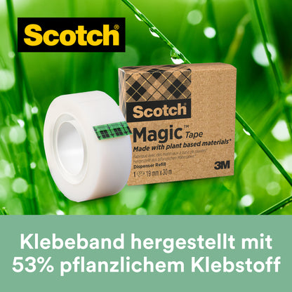 Gezeigt wird eine Packung mit 9 Rollen Scotch® Magic™ Klebeband (19 mm x 33 m) der 3M Deutschland GmbH. Die Verpackung hebt hervor, dass das Band mit 66% pflanzlichem Klebstoff für nachhaltigen Bürobedarf hergestellt ist.