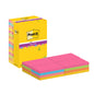 Een gele Post-it® Super Sticky Notes Box van 3M Deutschland GmbH met 16 stapels (76 x 127 mm, 90 vel/blok) in roze, groen, oranje en blauw, sterke kleeflaag, PEFC-gecertificeerd.