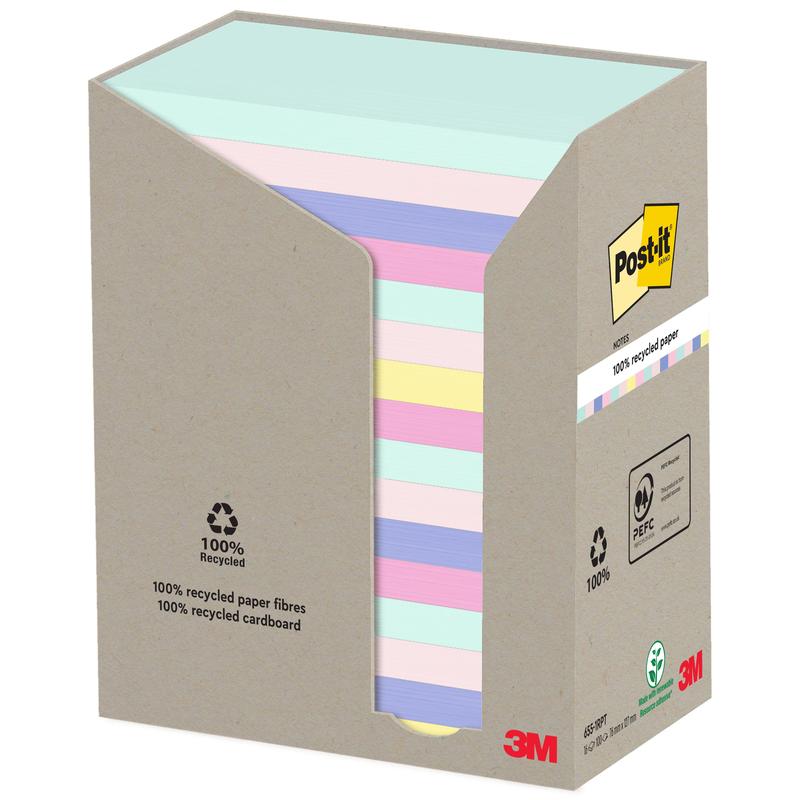 Een doos Post-it® Recycling Notes (76 mm x 127 mm, 100 vel/Blok, 100% PEFC) van 3M Deutschland GmbH bevat pastelkleurige, gelinieerde notities en toont aan de voorkant het Post-it-logo met recyclingsymbolen.