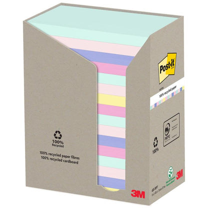 Een doos Post-it® Recycling Notes (76 mm x 127 mm, 100 vel/Blok, 100% PEFC) van 3M Deutschland GmbH bevat pastelkleurige, gelinieerde notities en toont aan de voorkant het Post-it-logo met recyclingsymbolen.