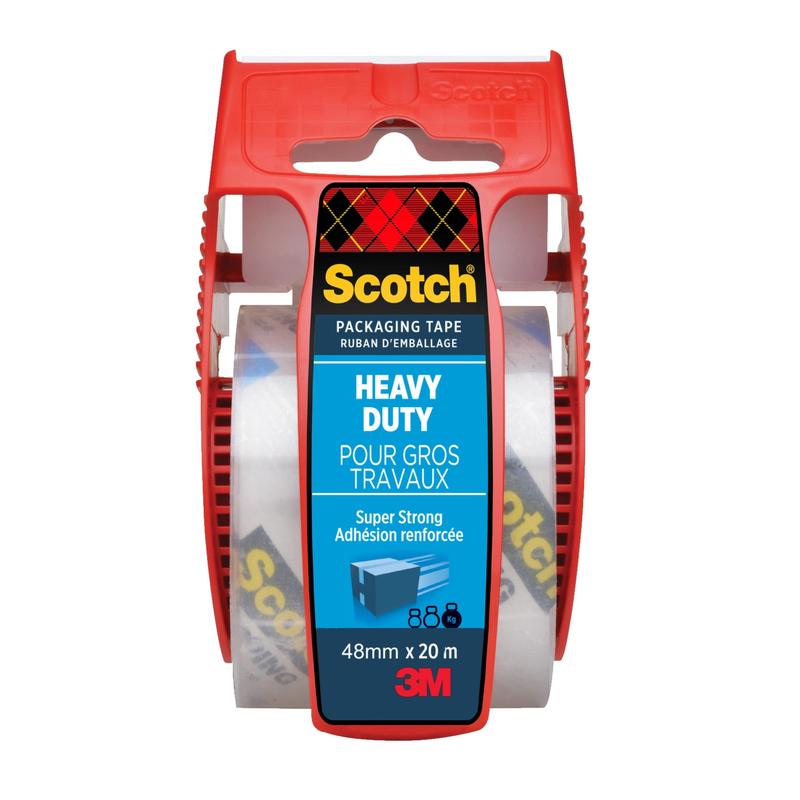 Een rol Scotch® Extra sterke verpakkingstape (48 mm x 20 m) van 3M Deutschland GmbH wordt geleverd in een handdispenser. De transparante tape biedt een extra sterke kleefkracht en een tweetalige beschrijving in Engels/Frans.