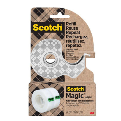 De Scotch™ roestvrijstalen plakbandhouder, zilver van 3M Deutschland GmbH bevat 1 handdispenser en 2 rollen Scotch® Magic™ plakband met 66% plantaardige lijm (19 mm x 13,9 m) - voor navullen en milieuvriendelijk plakken.