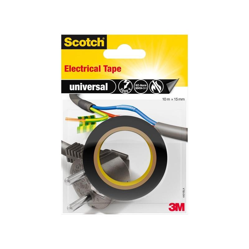 Een verpakking Scotch® Isolatietape universeel (10 m x 15 mm, 1 rol) van 3M Deutschland GmbH, met een zwarte rol plakband, gekleurde draden, een stekker en het etiket "universeel". Het 3M-logo verschijnt rechtsonder.