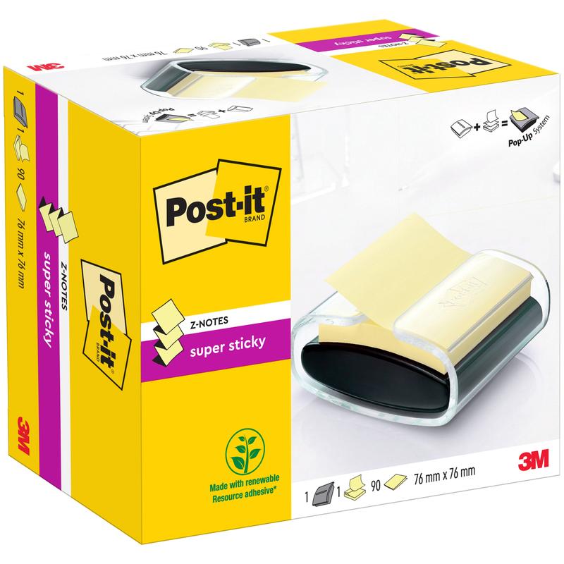 Een zwarte Post-it® Z-Notes Dispenser (PRO) met 90 gele Super Sticky Z-Notes (76 mm x 76 mm) van 3M Nederland B.V.