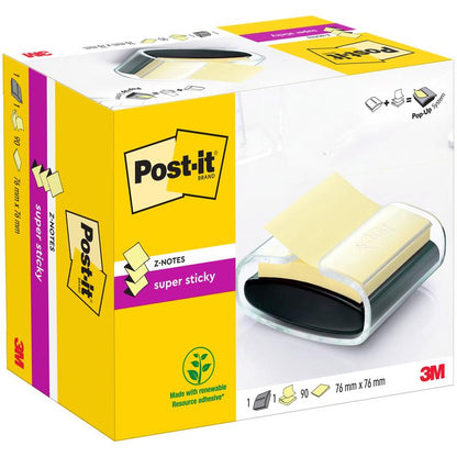 Een zwarte Post-it® Z-Notes Dispenser (PRO) met 90 gele Super Sticky Z-Notes (76 mm x 76 mm) van 3M Nederland B.V.
