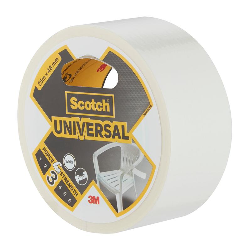 Een rol Scotch® Universal Tape 2904 (25 m x 48 mm) van 3M Deutschland GmbH, met witte opschrift, middelmatige sterkte (3/6) en een verpakking met afbeelding van een witte kunststofstoel.