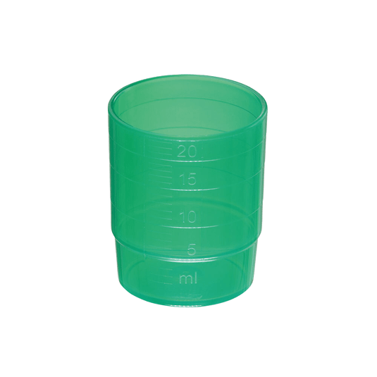 Een melipul HERBRUIKBARE medicijnbeker, stapelbaar, 25 ml, diverse kleuren, van Helmut Schwarz GmbH, vervaardigd uit vaatwasmachinebestendig polypropyleen, met maatstreepjes aan de zijkant in milliliter (ml). De markeringen geven de vulniveaus van 5 ml, 10 ml, 15 ml en 20 ml aan. Het stapelbare medicijnbekertje is leeg en staat afgebeeld tegen een witte achtergrond.